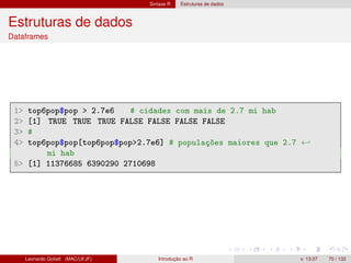 Sintaxe R Estruturas de dados
Estruturas de dados
Dataframes
1 top6pop$pop  2.7e6 # cidades com mais de 2.7 mi hab
2 [1] TRUE TRUE TRUE FALSE FALSE FALSE FALSE
3 #
4 top6pop$pop[top6pop$pop2.7e6] # populações maiores que 2.7 ←
mi hab
5 [1] 11376685 6390290 2710698
Leonardo Goliatt (MAC/UFJF) Introdução ao R v. 13.07 70 / 132
 