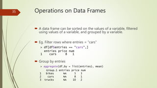 Operations on Data Frames
 A data frame can be sorted on the values of a variable, filtered
using values of a variable, a...
