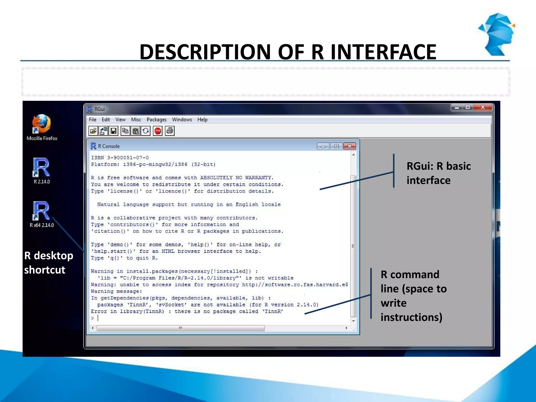 R console
DESCRIPTION OF R INTERFACE
R desktop
shortcut
RGui: R basic
interface
R command
line (space to
write
instructions)
 