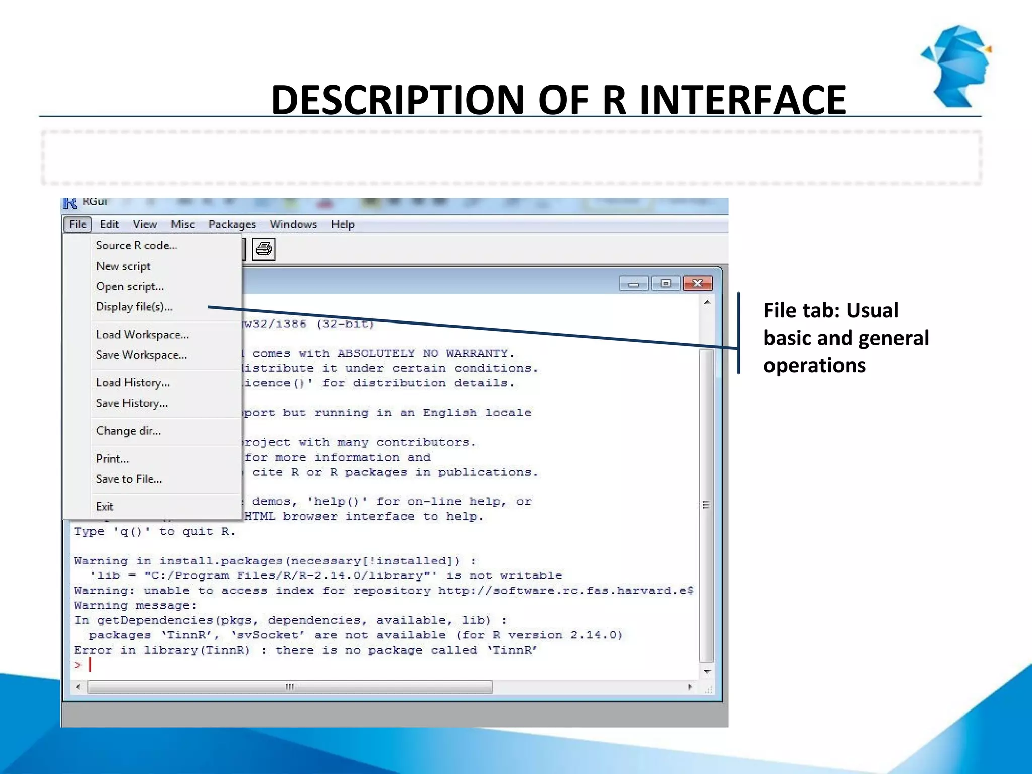 RGui menu: File tab
DESCRIPTION OF R INTERFACE
File tab: Usual
basic and general
operations
 