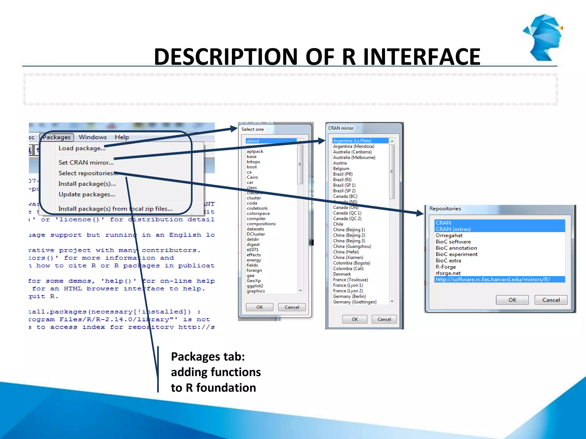 RGui menu: Packages tabs
DESCRIPTION OF R INTERFACE
Packages tab:
adding functions
to R foundation
 