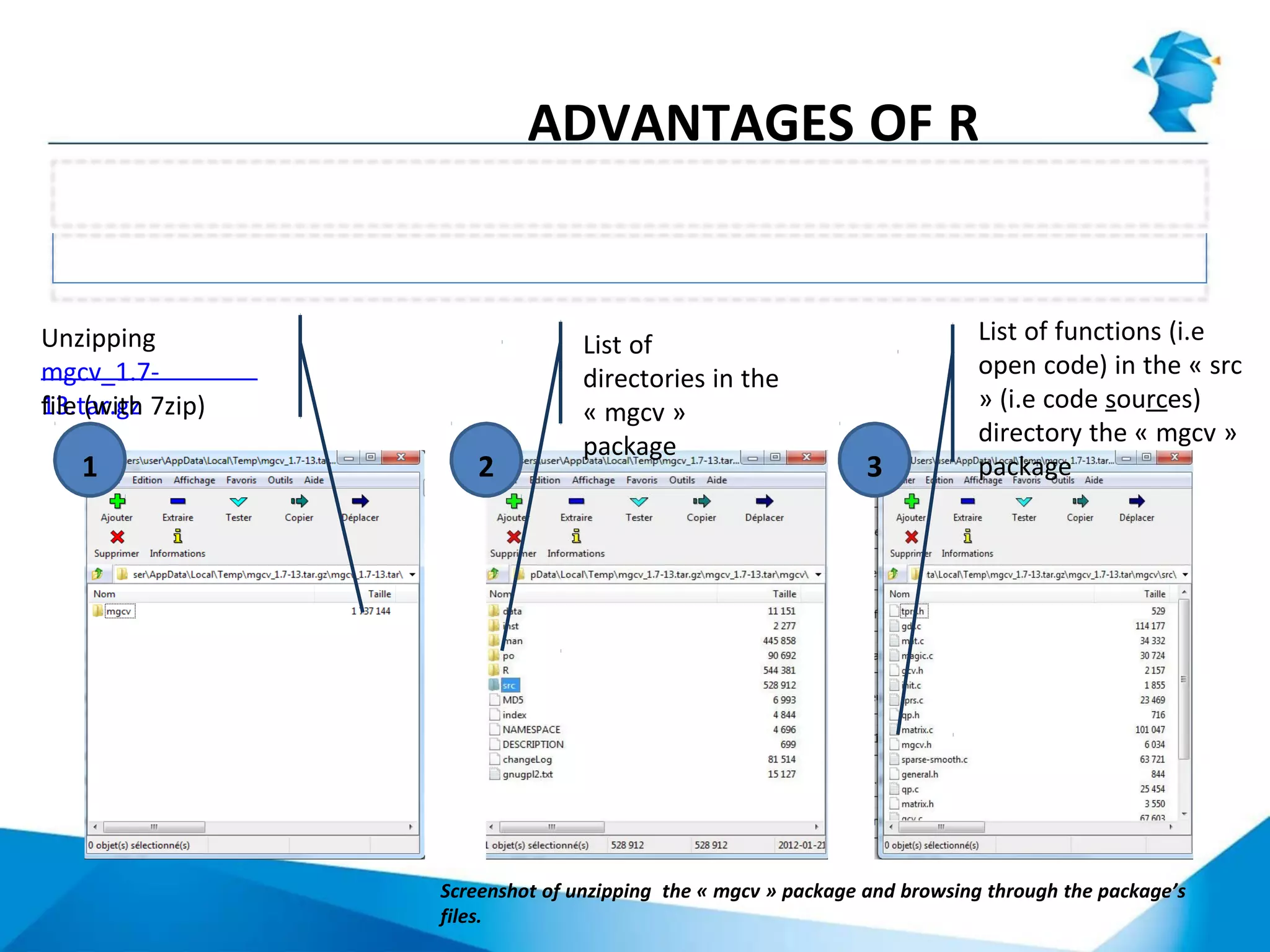 R access to source code
ADVANTAGES OF R
Screenshot of unzipping the « mgcv » package and browsing through the package’s
files.
Unzipping
mgcv_1.7-
13.tar.gzfile (with 7zip)
List of
directories in the
« mgcv »
package
List of functions (i.e
open code) in the « src
» (i.e code sources)
directory the « mgcv »
package1 2 3
 