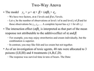 Two-Way Anova
• The model yijk = µ+ αi+ βj+ (αβ)ij+ εijk.
– We have two factors, α at I levels and β at J levels.
– Let nij be the number of observations at level i of α and level j of β and let
those observations be yij1, yij2,…. A complete layout has nij≥ 1 for all i, j.
• The interaction effect (αβ)ij is interpreted as that part of the mean
response not attributable to the additiveeffect of αi andβj
.
– For example, you may enjoy strawberries and cream individually, but the
combination is superior.
– In contrast, you may like fish and ice cream but not together.
• As of an investigation of toxic agents, 48 rats were allocated to 3
poisons (I,II,III) and 4 treatments (A,B,C,D).
– The response was survival time in tens of hours. The Data:
 