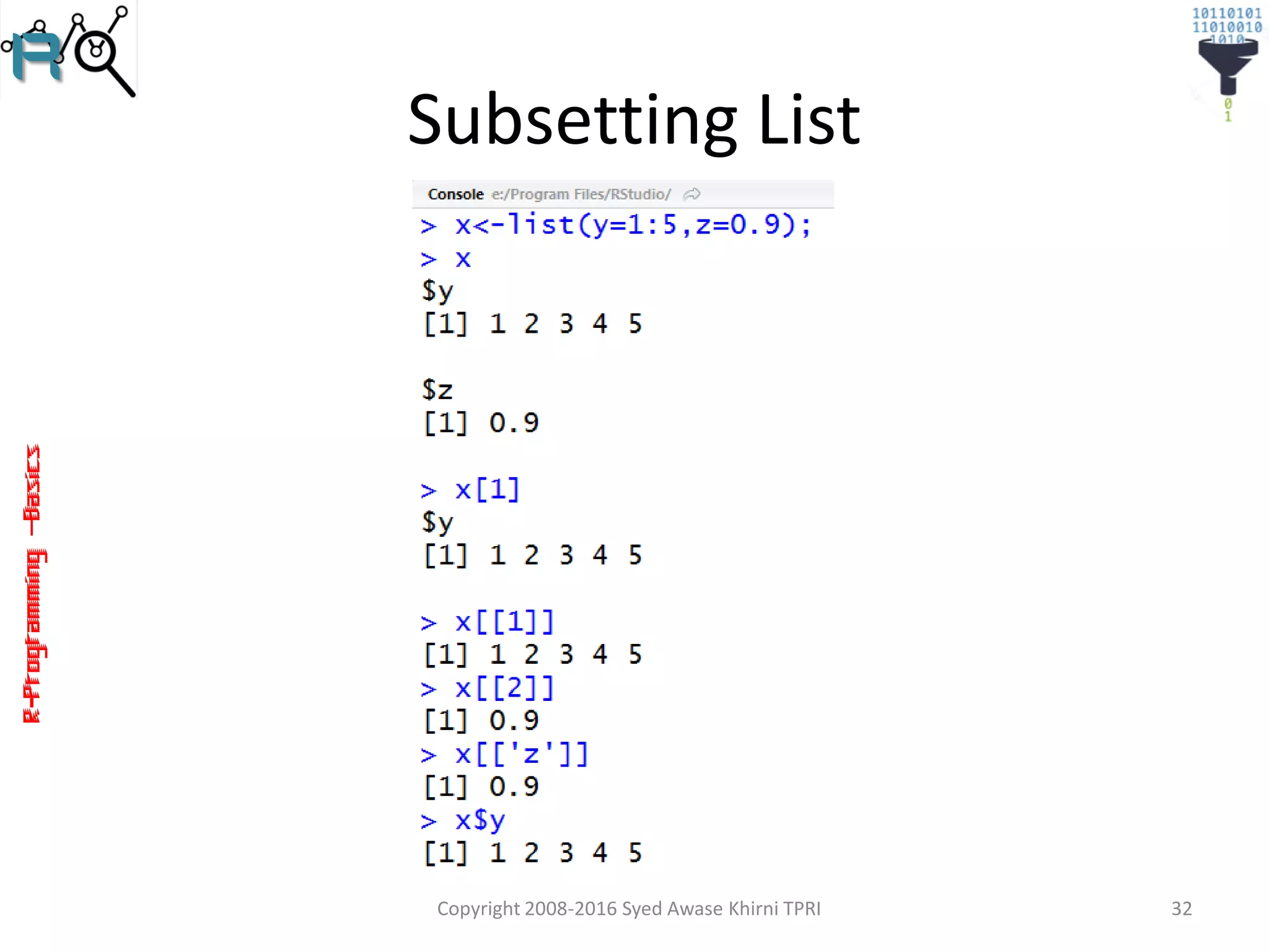 R-Programming–Basics
Subsetting List
Copyright 2008-2016 Syed Awase Khirni TPRI 32
 