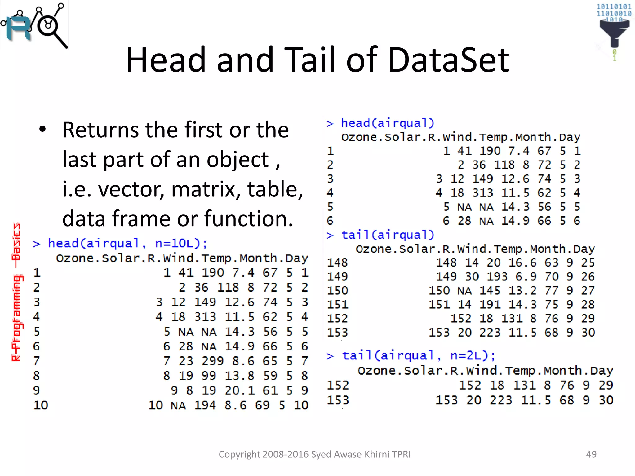 R-Programming–Basics
Head and Tail of DataSet
• Returns the first or the
last part of an object ,
i.e. vector, matrix, table,
data frame or function.
Copyright 2008-2016 Syed Awase Khirni TPRI 49
 