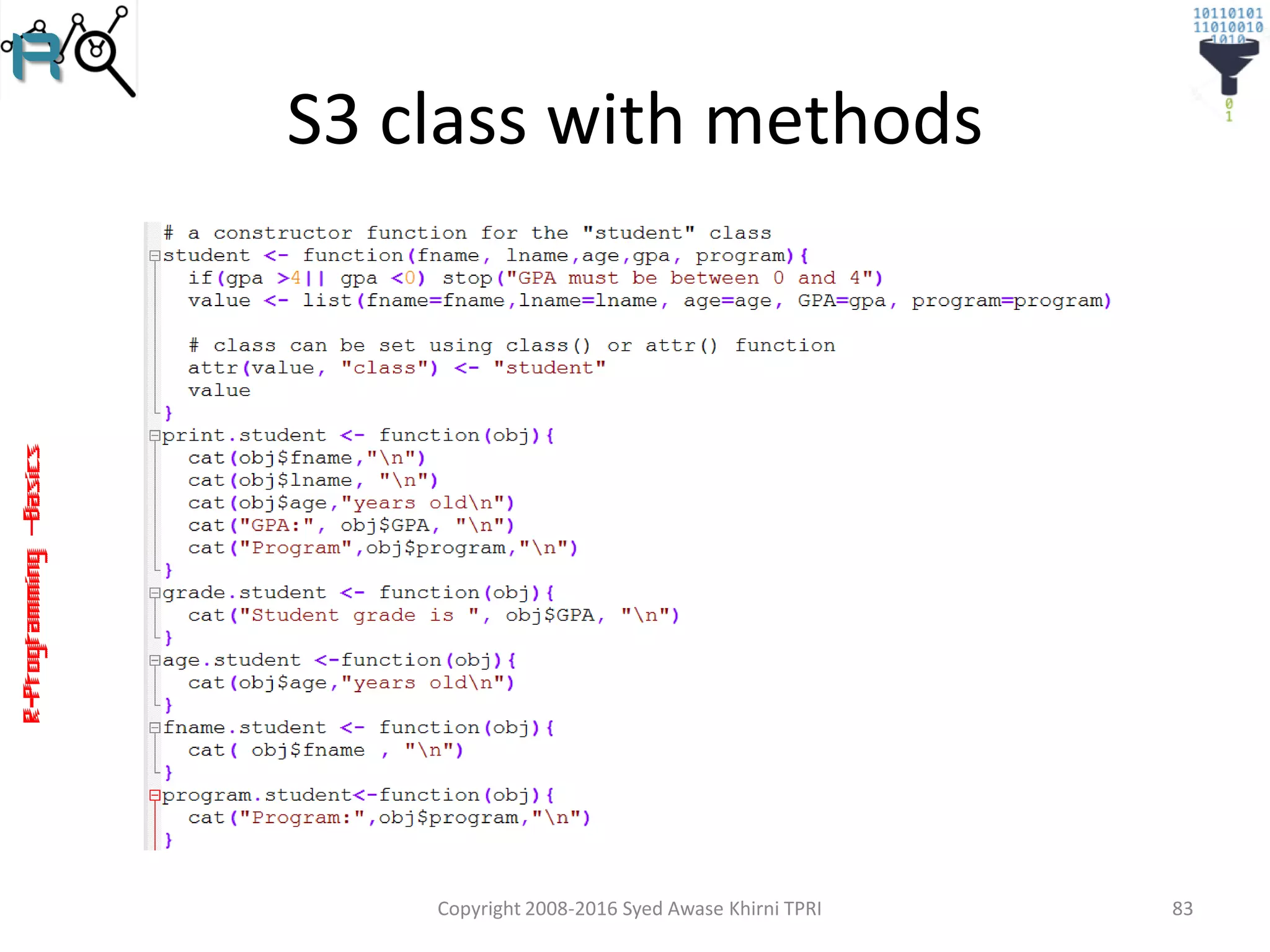 R-Programming–Basics
S3 class with methods
Copyright 2008-2016 Syed Awase Khirni TPRI 83
 