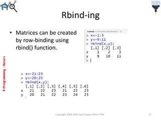 R-Programming–Basics
Rbind-ing
• Matrices can be created
by row-binding using
rbind() function.
Copyright 2008-2016 Syed Awase Khirni TPRI 21
 
