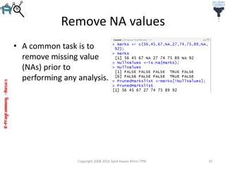 R-Programming–Basics
Remove NA values
• A common task is to
remove missing value
(NAs) prior to
performing any analysis.
Copyright 2008-2016 Syed Awase Khirni TPRI 35
 