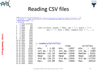 R-Programming–Basics
Reading CSV files
Copyright 2008-2016 Syed Awase Khirni TPRI 43
 