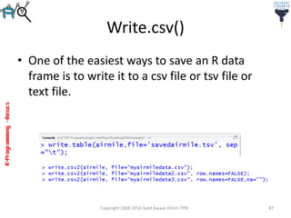 R-Programming–Basics
Write.csv()
• One of the easiest ways to save an R data
frame is to write it to a csv file or tsv file or
text file.
Copyright 2008-2016 Syed Awase Khirni TPRI 47
 