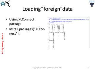 R-Programming–Basics
Loading”foreign”data
• Using XLConnect
package
• Install.packages(“XLCon
nect”);
Copyright 2008-2016 Syed Awase Khirni TPRI 53
 