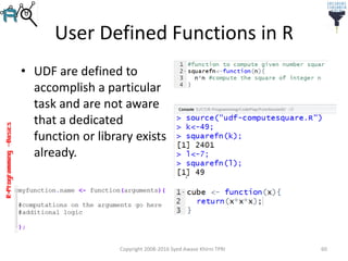 R-Programming–Basics
User Defined Functions in R
• UDF are defined to
accomplish a particular
task and are not aware
that a dedicated
function or library exists
already.
Copyright 2008-2016 Syed Awase Khirni TPRI 60
 