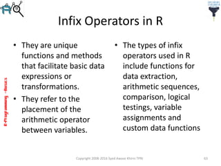 R-Programming–Basics
Infix Operators in R
• They are unique
functions and methods
that facilitate basic data
expressions or
transformations.
• They refer to the
placement of the
arithmetic operator
between variables.
• The types of infix
operators used in R
include functions for
data extraction,
arithmetic sequences,
comparison, logical
testings, variable
assignments and
custom data functions
Copyright 2008-2016 Syed Awase Khirni TPRI 63
 
