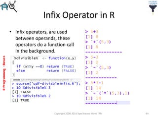 R-Programming–Basics
Infix Operator in R
• Infix operators, are used
between operands, these
operators do a function call
in the background.
Copyright 2008-2016 Syed Awase Khirni TPRI 64
 