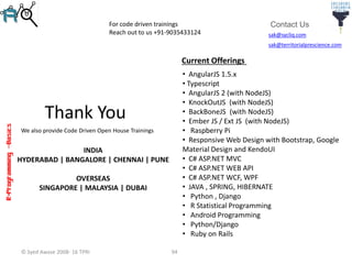 R-Programming–Basics
sak@sycliq.com
sak@territorialprescience.com
Contact Us
Thank You
We also provide Code Driven Open House Trainings
94© Syed Awase 2008- 16 TPRI
For code driven trainings
Reach out to us +91-9035433124
Current Offerings
• AngularJS 1.5.x
• Typescript
• AngularJS 2 (with NodeJS)
• KnockOutJS (with NodeJS)
• BackBoneJS (with NodeJS)
• Ember JS / Ext JS (with NodeJS)
• Raspberry Pi
• Responsive Web Design with Bootstrap, Google
Material Design and KendoUI
• C# ASP.NET MVC
• C# ASP.NET WEB API
• C# ASP.NET WCF, WPF
• JAVA , SPRING, HIBERNATE
• Python , Django
• R Statistical Programming
• Android Programming
• Python/Django
• Ruby on Rails
INDIA
HYDERABAD | BANGALORE | CHENNAI | PUNE
OVERSEAS
SINGAPORE | MALAYSIA | DUBAI
 