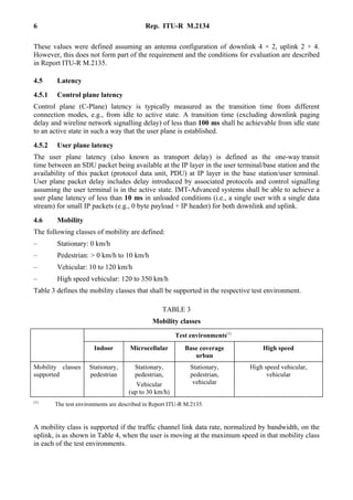 6 Rep. ITU-R M.2134
These values were defined assuming an antenna configuration of downlink 4 × 2, uplink 2 × 4.
However, this does not form part of the requirement and the conditions for evaluation are described
in Report ITU-R M.2135.
4.5 Latency
4.5.1 Control plane latency
Control plane (C-Plane) latency is typically measured as the transition time from different
connection modes, e.g., from idle to active state. A transition time (excluding downlink paging
delay and wireline network signalling delay) of less than 100 ms shall be achievable from idle state
to an active state in such a way that the user plane is established.
4.5.2 User plane latency
The user plane latency (also known as transport delay) is defined as the one-way transit
time between an SDU packet being available at the IP layer in the user terminal/base station and the
availability of this packet (protocol data unit, PDU) at IP layer in the base station/user terminal.
User plane packet delay includes delay introduced by associated protocols and control signalling
assuming the user terminal is in the active state. IMT-Advanced systems shall be able to achieve a
user plane latency of less than 10 ms in unloaded conditions (i.e., a single user with a single data
stream) for small IP packets (e.g., 0 byte payload + IP header) for both downlink and uplink.
4.6 Mobility
The following classes of mobility are defined:
– Stationary: 0 km/h
– Pedestrian: > 0 km/h to 10 km/h
– Vehicular: 10 to 120 km/h
– High speed vehicular: 120 to 350 km/h
Table 3 defines the mobility classes that shall be supported in the respective test environment.
TABLE 3
Mobility classes
Test environments(1)
Indoor Microcellular Base coverage
urban
High speed
Mobility classes
supported
Stationary,
pedestrian
Stationary,
pedestrian,
Vehicular
(up to 30 km/h)
Stationary,
pedestrian,
vehicular
High speed vehicular,
vehicular
(1)
The test environments are described in Report ITU-R M.2135.
A mobility class is supported if the traffic channel link data rate, normalized by bandwidth, on the
uplink, is as shown in Table 4, when the user is moving at the maximum speed in that mobility class
in each of the test environments.
 