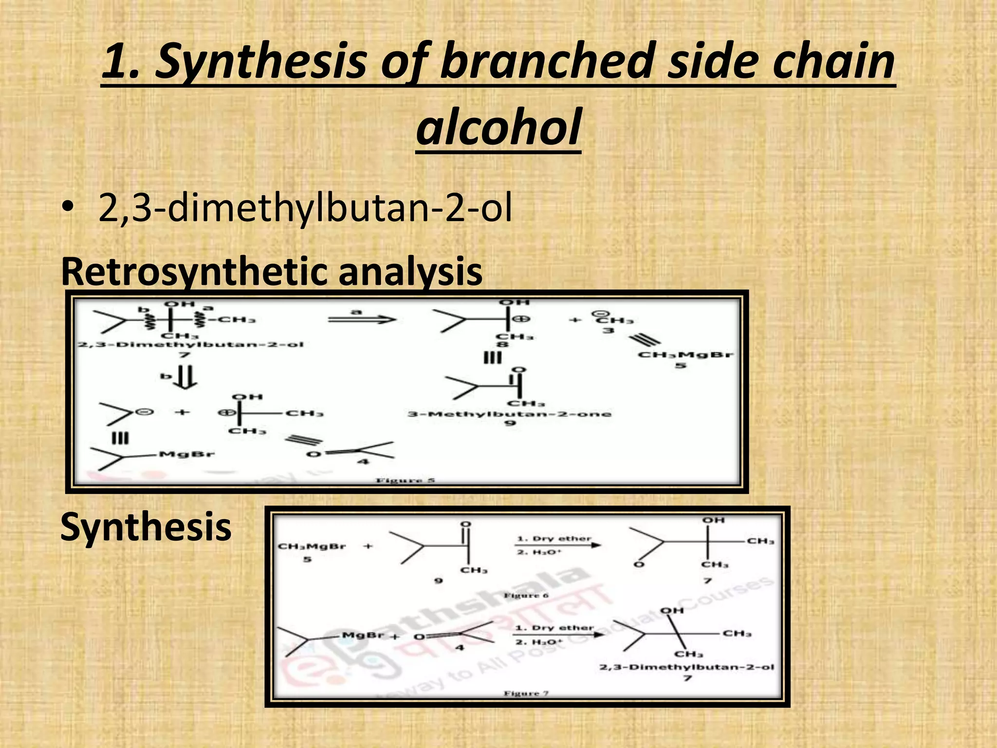1. Synthesis of branched side chain
alcohol
• 2,3-dimethylbutan-2-ol
Retrosynthetic analysis
Synthesis
 