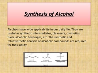 Synthesis of Alcohol
Alcohols have wide applicability in our daily life. They are
useful as synthetic intermediates, cleansers, cosmetics,
fuels, alcoholic beverages, etc. The synthetic and
retrosynthetic analysis of alcoholic compounds are required
for their utility.
 