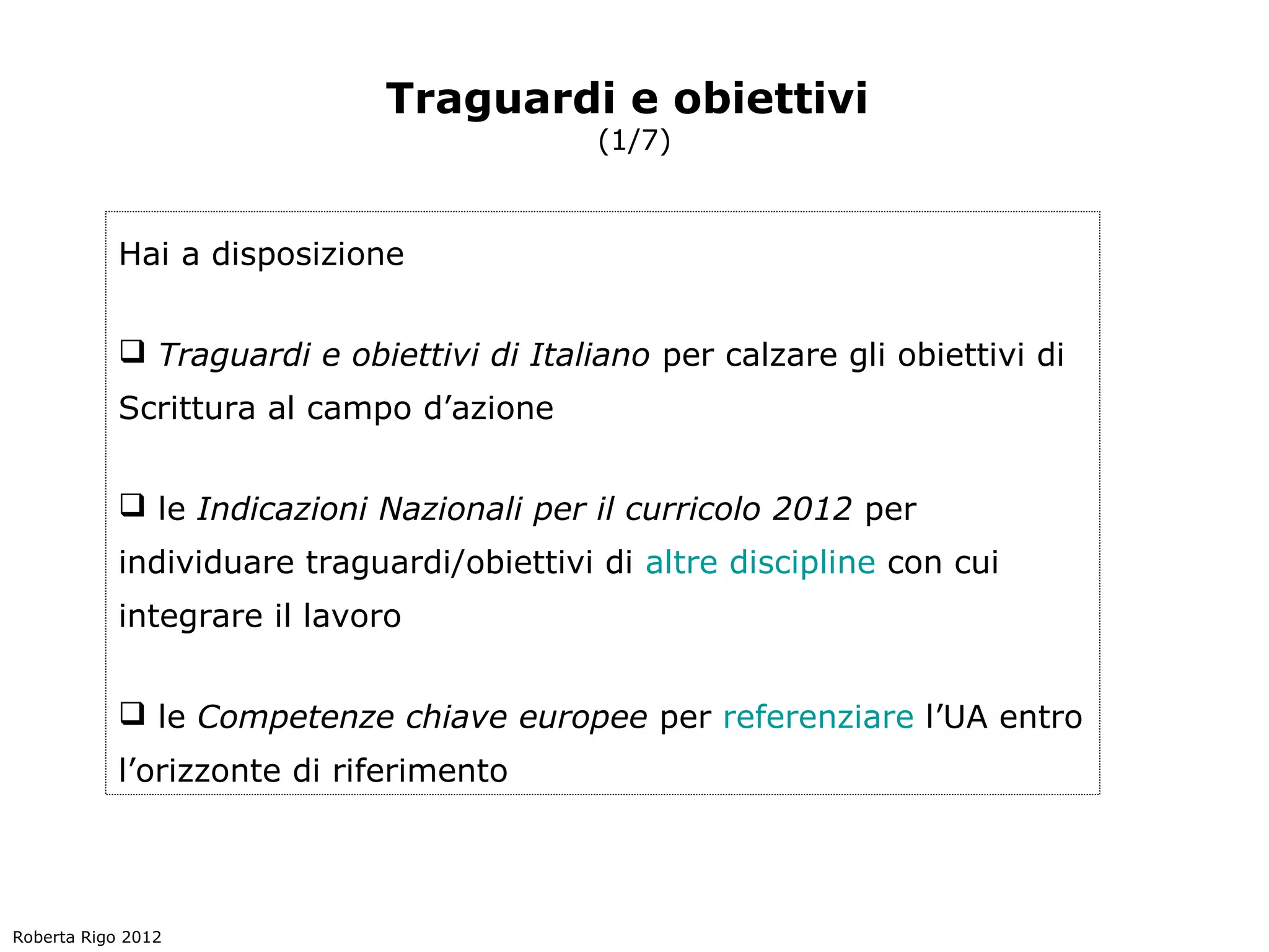 Traguardi e obiettivi
                                            (1/7)



            Hai a disposizione


             Traguardi e obiettivi di Italiano per calzare gli obiettivi di
            Scrittura al campo d’azione


             le Indicazioni Nazionali per il curricolo 2012 per
            individuare traguardi/obiettivi di altre discipline con cui
            integrare il lavoro


             le Competenze chiave europee per referenziare l’UA entro
            l’orizzonte di riferimento




Roberta Rigo 2012
 
