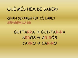 QUÈ MÉS HEM DE SABER?
QUAN SEPAREM PER SÍL·LABES
SEPAREM LA RR
GUITARRA  GUI-TAR-RA
ARRÒS  AR-RÒS
CARRO  CAR-RO
 