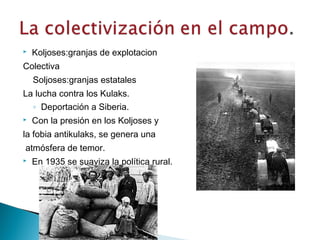  Koljoses:granjas de explotacion
Colectiva
Soljoses:granjas estatales
La lucha contra los Kulaks.
◦ Deportación a Siberia.
 Con la presión en los Koljoses y
la fobia antikulaks, se genera una
atmósfera de temor.
 En 1935 se suaviza la política rural.
 