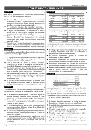 UnB/CESPE – SAD_PE

                                             CONHECIMENTOS ESPECÍFICOS
 QUESTÃO 21                                                             QUESTÃO 24

Com relação às características da contabilidade pública segundo a                                     receita
Lei nº 4.320/1964, assinale a opção correta.                                    títulos         previsão      execução     diferenças
                                                                            corrente              810.000       720.000         90.000
A A contabilidade evidenciará perante a Secretaria de                       capital               120.000        90.000         30.000
  Administração Federal a situação de todos que, de qualquer
                                                                            soma                  930.000       810.000        120.000
  modo, arrecadem receitas, efetuem despesas, administrem ou
                                                                            deficit                      0             0             0
  guardem bens a ela pertencentes ou confiados.
B A escrituração sintética das operações financeiras e                      total                 930.000       810.000        120.000
  patrimoniais deve ser efetuada pelo método do regime misto.
C O registro contábil da receita e da despesa deve ser feito de                                       despesa
  acordo com as especificações constantes nas instruções                         títulos         fixação      execução     diferenças
  normativas da Secretaria da Receita Federal.                             orçamentários e
                                                                                                  930.000        800.000         130.000
D Todas as operações de que resultem débitos e créditos de                 suplementares
  natureza financeira, não compreendidas na execução                       soma                   930.000        800.000         130.000
  orçamentária, serão também objeto de registro, individuação              superavit                    0         10.000         !10.000
  e controle contábil.                                                     total                  930.000        810.000         120.000
E Somente os serviços públicos industriais organizados como
  empresa pública ou autárquica poderão manter contabilidade           Considerando as informações do balanço orçamentário apresentado
  especial para determinação dos custos, ingressos e resultados.       acima, cujos valores estão em reais, assinale a opção correta.

 QUESTÃO 22
                                                                       A O balanço orçamentário demonstrará a receita orçamentária e
A respeito da abertura de créditos adicionais e do remanejamento         a despesa orçamentária, bem como os recebimentos e
de dotações, assinale a opção correta.                                   pagamentos de natureza extraorçamentária.
                                                                       B O resultado orçamentário apurado no exercício foi
A A abertura dos créditos especiais e extraordinários depende da         superavitário em R$ 120.000,00.
  existência de recursos disponíveis para que ocorra a despesa e       C O resultado orçamentário do exercício foi influenciado
  será precedida de exposição justificada.                               positivamente pelo desempenho da arrecadação da receita.
B Com a finalidade de apurar os recursos utilizáveis,
                                                                       D O resultado orçamentário do exercício foi influenciado
  provenientes de excesso de arrecadação, deve-se deduzir a
  importância dos créditos especiais abertos no exercício.               positivamente pelo desempenho da execução da despesa.
C Os créditos adicionais terão vigência adstrita ao exercício          E Os valores apresentados na coluna de diferenças transferem-se
  financeiro em que forem abertos, salvo expressa disposição             para o balanço financeiro, compondo o saldo das
  legal em contrário, quanto aos especiais e extraordinários.            disponibilidades de exercícios anteriores.
D Reverte à dotação a importância da despesa inscrita em restos         QUESTÃO 25
  a pagar no exercício, sendo considerada como receita do ano
  em que se efetivar, quando a inscrição ocorrer após o                            receita orçamentária              1.250.000
  encerramento deste.                                                              receita extraorçamentária           180.000
E A arrecadação de todas as receitas deve ser feita em estrita                     saldo do exercício anterior          20.000
  observância ao princípio de unidade de tesouraria, vedada
  qualquer fragmentação para a criação de caixas especiais.                        despesa orçamentária              1.180.000
                                                                                   despesa extraorçamentária           220.000
 QUESTÃO 23
                                                                       A tabela acima mostra os dados extraídos do balanço financeiro
Acerca dos registros contábeis dos atos e fatos administrativos e da   encerrado em determinado exercício, com valores em reais.
sua relação com os sistemas de contas, assinale a opção correta.       Considerando que entre esses dados tenham sido inscritas como
                                                                       restos a pagar do exercício despesas no montante de R$ 80.000,00,
A A incorporação de bem adquirido à vista enseja registro no
                                                                       e que tenham sido pagos no exercício restos a pagar no valor de
  sistema financeiro, mediante débito em conta do ativo
  permanente e crédito em conta de variação financeira ativa.          R$ 50.000,00, assinale a opção correta.
B A arrecadação de impostos enseja registro no sistema
  orçamentário, mediante débito na conta bancos e crédito na           A O balanço financeiro demonstrará as receitas e despesas
  conta de receita de impostos.                                          financeiras previstas em confronto com as realizadas.
C O recebimento de bem em doação enseja registro no sistema            B O resultado financeiro do exercício apresentou superavit no
  patrimonial, mediante débito em despesa de capital e crédito           valor de R$ 50.000,00.
  em variação patrimonial ativa.                                       C Os restos a pagar inscritos no exercício estão computados
D A liquidação da despesa enseja registro no sistema financeiro,         entre os valores da receita extraorçamentária.
  mediante débito em conta de passivo financeiro e crédito em          D Os restos a pagar pagos no exercício compõem os valores
  conta caixa ou bancos.                                                 registrados na despesa orçamentária.
E A desincorporação de bem permanente por alienação enseja
                                                                       E Por representar um fluxo de caixa, todas as receitas e as
  registro no sistema patrimonial, mediante débito em conta de
                                                                         despesas orçamentárias evidenciadas no balanço financeiro
  variação patrimonial passiva e crédito em conta do ativo
  permanente.                                                            têm suas contrapartidas refletidas nas contas caixa ou bancos.

Cargo 1: Analista em Gestão Administrativa – Qualificação: Contador                                                                        –6–
 