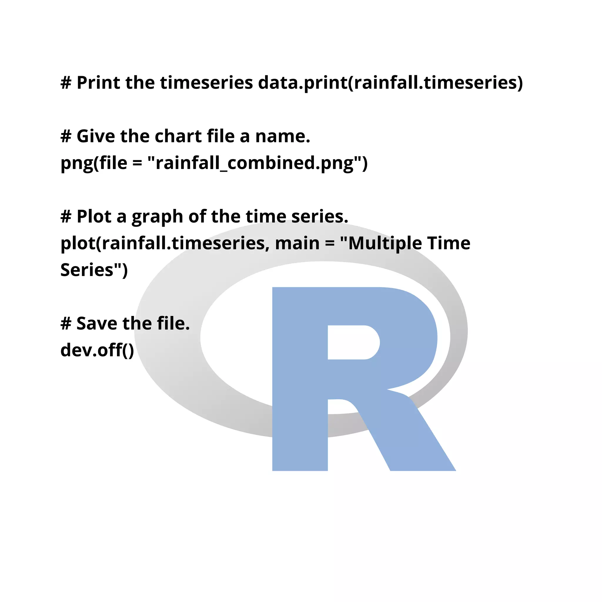 # Print the timeseries data.print(rainfall.timeseries)
# Give the chart file a name.
png(file = "rainfall_combined.png")
# Plot a graph of the time series.
plot(rainfall.timeseries, main = "Multiple Time
Series")
# Save the file.
dev.off()
 