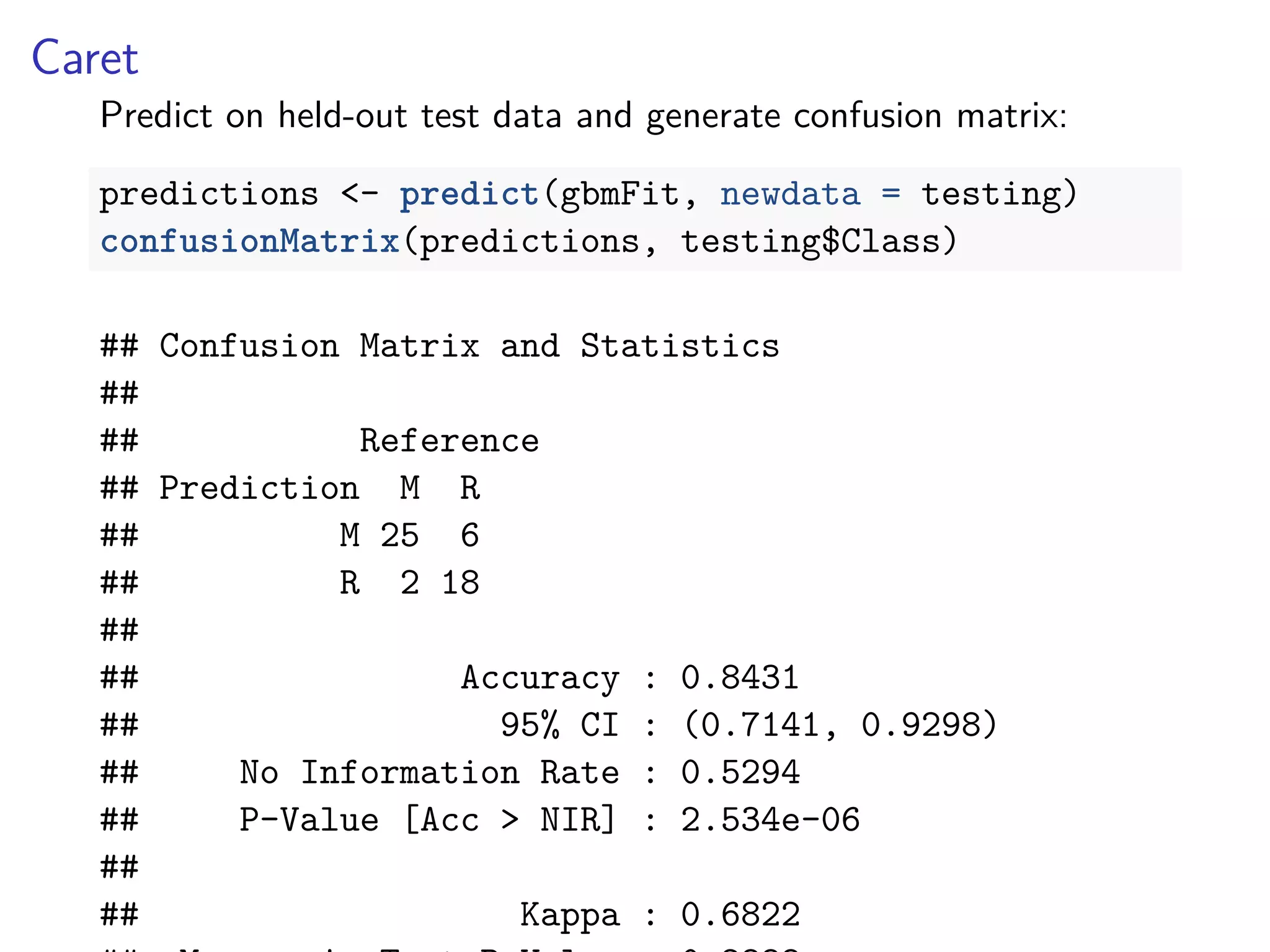 Caret
Predict on held-out test data and generate confusion matrix:
predictions <- predict(gbmFit, newdata = testing)
confusionMatrix(predictions, testing$Class)
## Confusion Matrix and Statistics
##
## Reference
## Prediction M R
## M 25 6
## R 2 18
##
## Accuracy : 0.8431
## 95% CI : (0.7141, 0.9298)
## No Information Rate : 0.5294
## P-Value [Acc > NIR] : 2.534e-06
##
## Kappa : 0.6822
 