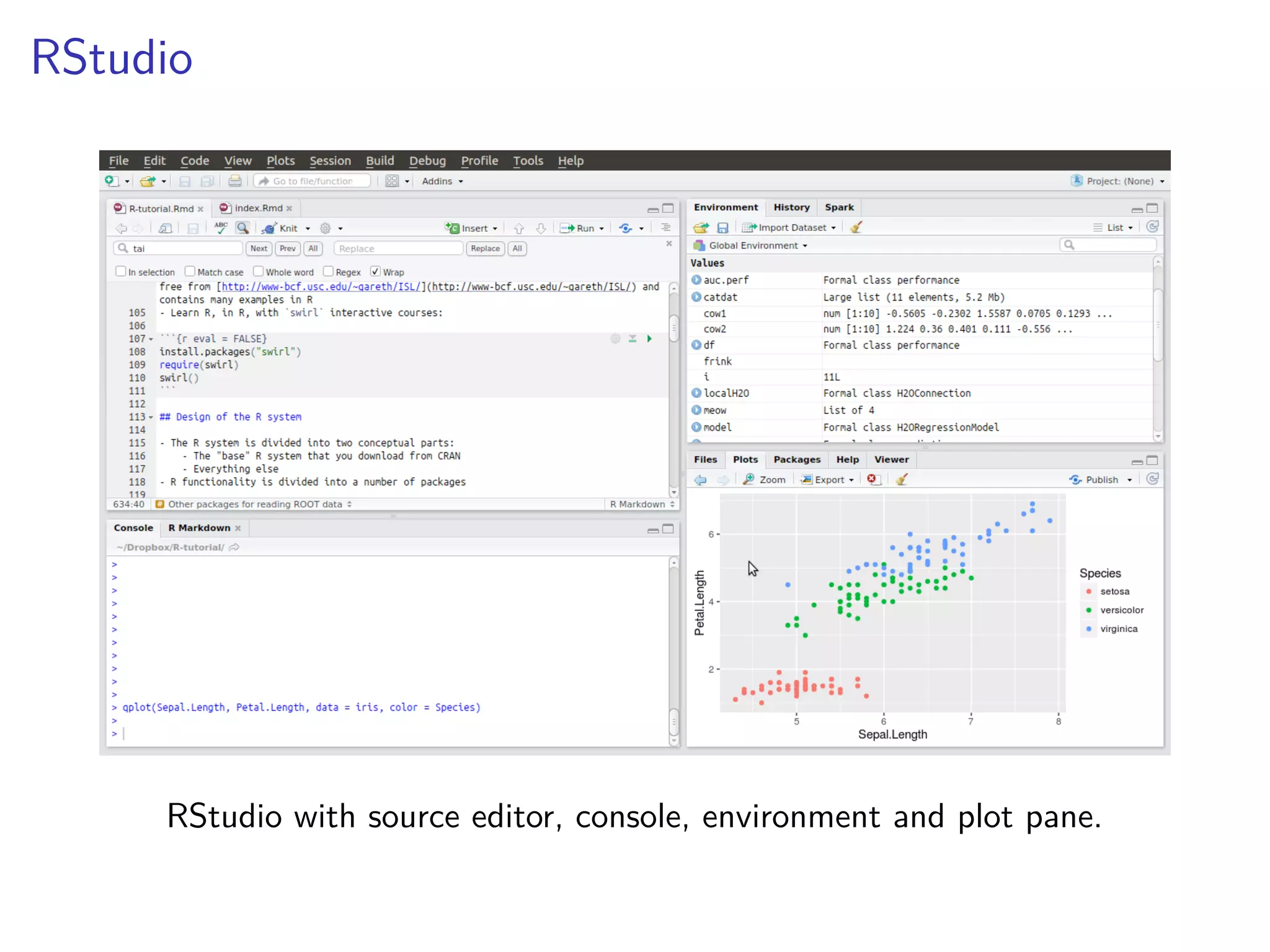 RStudio
RStudio with source editor, console, environment and plot pane.
 