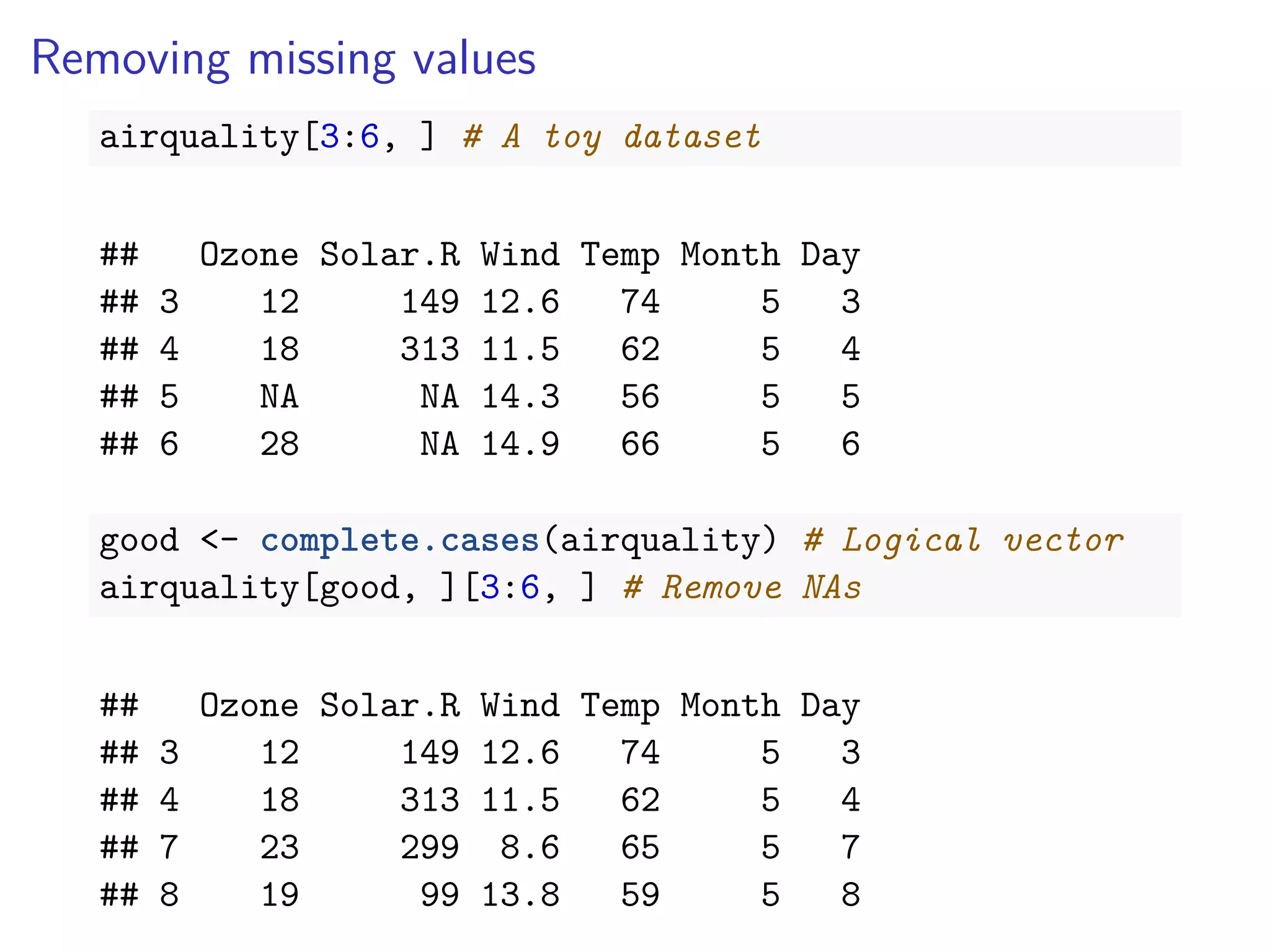 Removing missing values
airquality[3:6, ] # A toy dataset
## Ozone Solar.R Wind Temp Month Day
## 3 12 149 12.6 74 5 3
## 4 18 313 11.5 62 5 4
## 5 NA NA 14.3 56 5 5
## 6 28 NA 14.9 66 5 6
good <- complete.cases(airquality) # Logical vector
airquality[good, ][3:6, ] # Remove NAs
## Ozone Solar.R Wind Temp Month Day
## 3 12 149 12.6 74 5 3
## 4 18 313 11.5 62 5 4
## 7 23 299 8.6 65 5 7
## 8 19 99 13.8 59 5 8
 