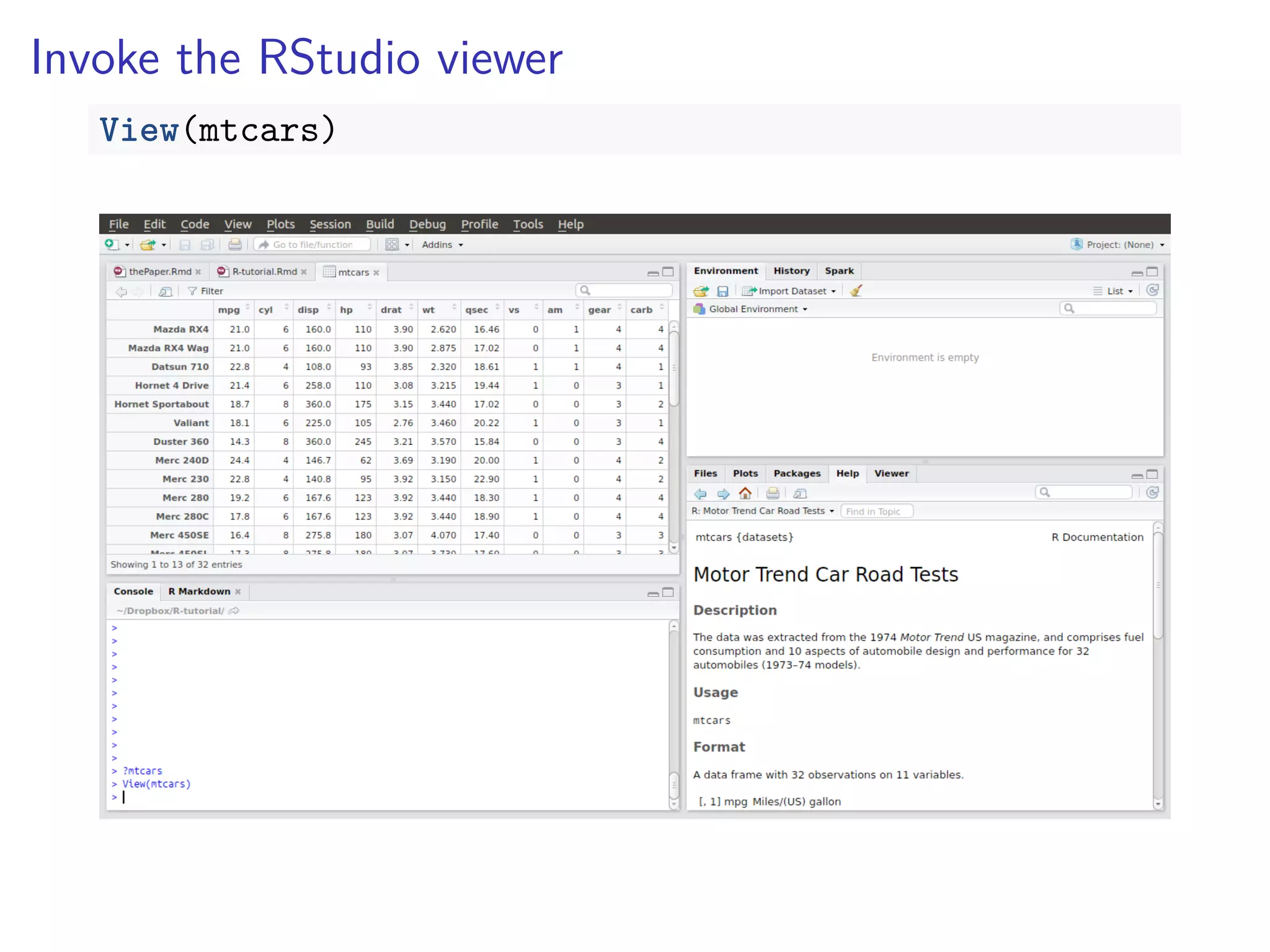 Invoke the RStudio viewer
View(mtcars)
 