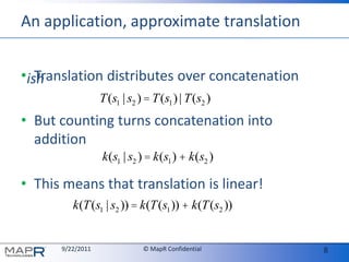 An application, approximate translationTranslation distributes over concatenationBut counting turns concatenation into additionThis means that translation is linear!ish