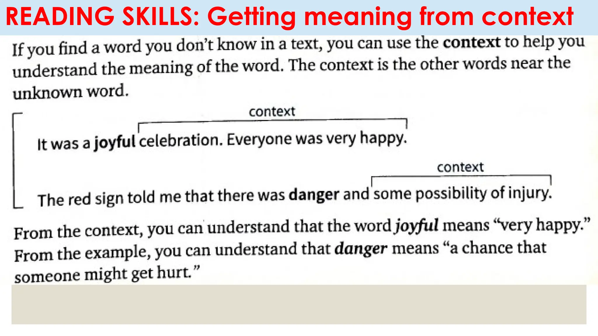 READING SKILLS: Getting meaning from context
 