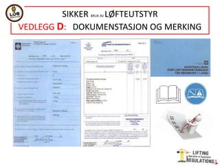 NORSOK STANDARD R-002
ANNEX D
LIFTING EQUIPMENT IN DRILLING AREA
GENERAL (GROUP D)
GROUP OVERVIEW
DESIGN CRITERIA
DESIGN LOADS
ENVIRONMENTAL CONDITIONS
LOADING AND UTILIZATION DATA
CONVENTIONAL DRAWWORK INCLUDING TOP DRIVE/DDM (GROUP D.1)
CYLINDER OPERATED HYDRAULIC DRAWWOR INCLUDING TOP DRIVE/DDM (GROUP D.2)
VERTICAL PIPE HANDLING (VPH) MACHINES (GROUP D.3)
DYNAMIC FACTOR
APPLIANCE GROUP
HORIZONTAL TO VERTICAL (HTV) PIPE HANDLING MACHINES (GROUP D.4)
DYNAMIC FACTOR
APPLIANCE GROUP
X-MAS TREE/BOP HANDLING SYSTEMS (GROUP D.5)
GENERAL
APPLIANCE GROUP
ADDITIONAL REQUIREMENTS
MISCELLANEOUS LIFTING EQUIPMENT IN THE DRILLING AREA (GROUP D.6)
MANRIDER WINCH
MAN RIDING HARNESS
ACCESS BASKET
CASING STABBING BOARD
UTILITY WINCH
GUIDELINE WINCHES
WIRELINE EQUIPMENT
TONG LIFT SYSTEM
ESCAPE LINE
DRILLING LIFTING ACCESSORIES (GROUP D.7)
ONE COMPONENT MISCELLANEOUS LIFTING TOOLS
MISCELLANEOUS LIFTING TOOLS
MISCELLANEOUS SLINGS
ELEVATOR
ELEVATOR LINKS
DNV-OS-E101-Drilling plant (Chapter 1&2)
NORSOK D-001-Drilling facilites
DNV No 2.22- Lifting Appliances
API spec. 8C-Specification for Drilling and Production Hoisting
Equipment (PSL 1 and PSL 2)
FEM- Rules for the design of hoisting appliances.
Annex A, C,H,G
EN 12077-2 – Cranes safety. Requirements for health and
safety. Limiting and indicating devices.
EN 280- Mobile elevating work platform. Design calculations.
Stability criteria. Construccion. Safety. Examination and test.
 