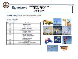 NORSOK STANDARD R-002
ANNEX G
CRANES
GENERAL (GROUP G)-apply in addition to general requirements.
GROUP OVERVIEW
 