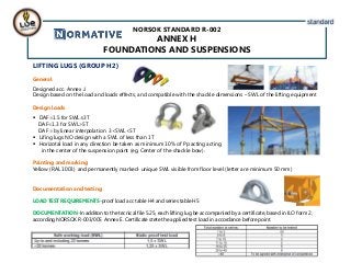 NORSOK STANDARD R-002
ANNEX H
FOUNDATIONS AND SUSPENSIONS
LIFTING LUGS (GROUP H2)
General
Designed acc. Annex J.
Design based on the load and loads effects, and compatible with the shackle dimensions – SWL of the lifting equipment
Design loads
 DAF=1.5 for SWL≤3T
DAF=1.3 for SWL>5T
DAF =by linear interpolation 3<SWL<5T
 Lifing lugs NO design with a SWL of less than 1T
 Horizotal load in any direction be taken as minimum 10% of Pp acting acting
in the center of the suspension point (eg. Center of the shackle bow).
Painting and marking
Yellow (RAL 1003) and permanently marked- unique SWL visible from floor level (letter are minimum 50 mm)
Documentation and testing
LOAD TEST REQUIREMENTS-proof load acc table H4 and series table H5
DOCUMENTATION-In additon to the tecnical file 5.25, each lifting lug be accompanied by a certificate, based in ILO form 2,
according NORSOK R-003/005 Annex E. Certificate stete the applied test load in accordance before point.
 