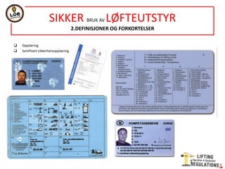NORSOK STANDARD R-002
LIFTING EQUIPMENT
4.GENERAL SAFETY REQUIREMENTS
1 SAFETY
Lifting equipment-be designed, fabricated, tested, installed and maintenanced to reduce risks- humans, environment and material assets
2 FITNESS FOR USE-workplace, work itself, and any risk during the work
3 RELIABILITY AND AVAILABILITY-operating stresses and loading+environmental influences+other//minimum down-time-
safety always prevail.
4 PRINCIPLES OF SAFETY INTEGRATION- Eliminate and reduce risk+safeguarding and complementary protection
measures+inforrm the users of the residual risk due any shortcoming of protection. Risk assessment principles=ISO 12100/14121-2
Complex lifting applicances-eg IEC60812 (FMECA)
5 INHERENTLY SAFE DESIGN MEASURES-ISO 12100 clause 6.2-Fail-safe components or redundant be used.
6 SAFEGUARDING AND COMPLEMENTARY PROTECTIVE MEASURES- To eliminate risks -reference ISO 12100 clause 6.3
7 INFORMATION FOR USE- be an integral part of supply of lifting equipment-ISO 12100 clause 6.4
8 STRENGTH PROPORTION-overloading-structural and mechanical break down-minimised.NO APPLY LIFTING ACCESSORIES AND
PORTABLE UNITS. Apply to-cranes and lauching appliances for life saving equipment-structural integrity.
9 MAINTENANCE (inspecton &testing)-Safety+Reliability+Availability. Easily be performed-facilities be provides.
References: cranes ISO 12482-1 & relevant parts of NORSOK Z-008. Complex lift.appliances- RCM- in IEC 60300-3-11
10 QUALITY MANAGEMENT SYSTEM-design, manufacturing and installation acc. ISO 9001 or equivalent
 