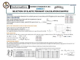 GENERAL
How to select appropriate dimensions for an elastic pennant in accordance with A7(Appliances for rescue boats)
INPUT PARAMETERS
Mass of fully equipped rescue boat with full complement of person 4T
Required WLL for elastic pennant 𝑊𝐿𝐿 𝑅𝑂𝑂2𝐴 = 4000 𝑘𝑔
Hoisting speed-(maximum steady speed-lift the gross mass) 𝑉 𝑊𝐿𝐿 = 2,0 𝑚/𝑠
Host facility Semisub
DATA FOR FIBRE ROPE, GIVEN BY ROPE MANUFACTURER
Rope construction: 8-strand plaited polyamide rope
MBL for different diameters- see Table I.1
Curve for dimensionless static stiffness (K’), Figura 1
For simplified calculation, a linear force crossing real force in 2 point 0% and 20% of MBL.
ROPE DIAMETER
Select based on the MBL with a minimum static safety factor of 10-take into account a reduction factor of 10% for splices A7.43- Formula A18-MBLreq
See table I-1- 52 mm-
Actual static safety factor:
Actual static stiffness:
MINIMUM ROPE LENGTH
The velocities applicable for calculation of the dynamic factor ɸ, can be calculated from the input parameters as shown in Table I.2
Dynamic factor ɸ, and the dynamic safety factor SFdyn, for LCA and LCC, can be calculated from the length of the elastic pennant, using expresion A.20 and A.19. see
next page- Results in Table I.3
Applying the acceptable criteria in A7.4.3 for dynamic factor and dynamic safety factor, the plot shows that the minimum
required length is 11.4 m (length between splices)
NORSOK STANDARD R-002
ANNEX I
SELECTION OF ELASTIC PENNANT-CALCULATION EXAMPLE
 