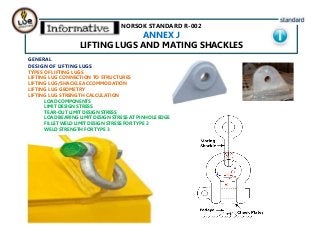 NORSOK STANDARD R-002
ANNEX J
LIFTING LUGS AND MATING SHACKLES
GENERAL
DESIGN OF LIFTING LUGS
TYPES OF LIFTING LUGS
LIFTING LUG CONNECTION TO STRUCTURES
LIFTING LUG/SHACKLE ACCOMMODATION
LIFTING LUG GEOMETRY
LIFTING LUG STRENGTH CALCULATION
LOAD COMPONENTS
LIMIT DESIGN STRESS
TEAR-OUT LIMIT DESIGN STRESS
LOAD BEARING LIMIT DESIGN STRESS AT PINHOLE EDGE
FILLET WELD LIMIT DESIGN STRESS FOR TYPE 2
WELD STRENGTH FOR TYPE 3
 