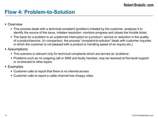 31 © 2015 RobertBratulic.com
Flow 4: Problem-to-Solution
 Overview
 This process deals with a technical complaint (problem) initiated by the customer, analyzes it to
identify the source of the issue, initiates resolution, monitors progress and closes the trouble ticket.
 The basis for a problem is an unplanned interruption to a product / service or reduction in the quality
of a product/service. (In comparison, the process “complaint-to-solution” deals with customer inquiries
in which the customer is not pleased with a product or handling speed of an inquiry etc.)
 Assumptions
 This scenario is relevant only for technical complaints which are termed as ‘problems’.
 Problems such as no outgoing call or SMS and faulty handset, may be resolved at first level support
or re-directed to other layers
 Examples
 Customer calls to report that there is no internet access
 Customer calls to report a cable channel has choppy video
 