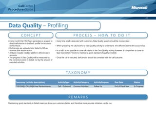 CallCenter
ProceduresGuide

                                                                                                                                                                                   23



Data Quality – Proﬁling
               CONCEPT                                                           PROCESS – HOW TO DO IT
• Every month the CRM Team generates an analysis to      • Every time a call is executed with customers, Data Quality speech should be incorporated .
  detect deﬁciencies in the basic proﬁle for Accounts
  and Contacts.                                          • When preparing the call, look for a Data Quality activity to understand the deﬁciencies that the account has.
• Deﬁciencies are uploaded into Siebel to ISRs as
  activities that require action.                        • In a call it is not possible to cover all criteria of the Data Quality activity; however, it is important to cover at
• Analysis includes installed platform deﬁciencies in      least two (better if more) to maintain a good standard of quality in Siebel.
  accounts.
• The progress in Data Quality will be measured by       • Once the call is executed, deﬁciencies should be corrected with the call outcome.
  the corrections done in Siebel, not by the amount of
  executed activities.




                                                                       TA XO N O M Y

        Taxonomy (activity description)                     ActivityType         ActivityCategory            ActivityPurpose            Due Date                   Status

        FY09-DAQU-CALL-RQA-Fase Mantenimiento               Call - Outbound      Common Activities           Follow Up                  End of Fiscal Year         In Progress




                                                                          REMARKS
Maintaining good standards in Siebel means we know our customers better, and therefore more accurate initiatives can be run.
 
