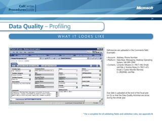 CallCenter
ProceduresGuide

                                                                                                                    24



Data Quality – Proﬁling
                   W H AT I T LO O K S L I K E


                                                           Deﬁciencies are uploaded in the Comments ﬁeld.
                                                           (Example):

                                                           • Account: Address, Phone Number
                                                           • Platform: Data Base, Messaging, Desktop Operating
                                                                       System, SW ERP-CRM
                                                           • Contacts: Lonardis Olivares (1+7817+46): Email,
                                                                       JobTitle // Andres Rojas (1+7817+47):
                                                                       Email // Carlos Montes Ramirez
                                                                       (1-2BQEN8): JobTitle




                                                           Due date is uploaded at the end of the ﬁscal year
                                                           (or Q), so that the Data Quality Activities are active
                                                           during the whole year.




                                 * For a complete list of validating fields and validation rules, see appendix B.
 