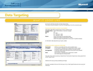 CallCenter
ProceduresGuide

                                                                                                                                           26



Data Targeting
                   W H AT I T LO O K S L I K E
                               An account could have more than one Data Target Activity.
                               The customer may be interested in more than one depending on how the conversation goes.


                               Taxonomy shows details of product and probability:
                               FY09-MKTG-TARG-RQA-Campaign Name, Product, Prob/PX, Source
                               Campaign Name: Name of the initiative or Customer Campaign
                               Product:        Any
                               PX:             P1>=85%
                                               P2 >=70% and <=84%
                                               P3 >=50% and <=69%
                               Source:         LOCAL (if the analysis was generated locally)
                                               LATAM (if the analysis was generated by LATAM)
                                               CORP (if the analysis was generated in Corp as part of a global campaign)

                               IE: FY09-MKTG-TARG-RQA-APO, SQL, Prob/P1, LATAM



                               Feedback from ISRs is registered in Status field:
                               Not Started:            If ISR has not yet talked with the customer (default status).
                               In Progress:            If the customer is interested but the opportunity is not yet created.
                                                       If necessary change the due date according to the follow up date.
                               Not Applicable:         If customers clearly indicate that they are not and will not be interested
                                                       in the product in the future.
                               Done:                   If the customer is interested and an opportunity is created
                                                       (Use Create Oppty from Activity button).

                               Only select “Done” without opening an Opportunity if multi product Opportunity is being opened from
                               another Target Activity.


                               Additional info shows purchase probability percentage.


                               Due date is uploaded at the end of the ﬁscal year (or Q), so Data Target Activities are active during the
                               whole year.
 