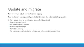 Update and migrate
New app image is built and pushed into registry.
New containers are sequentially created and replace the old ones (rolling update).
If there is data need to be migrated (scheduled downtime):
◦ Stop the gateway (nginx)
◦ Hot backup the data volumes
◦ Run the migration scripts
◦ Restart the gateway
◦ Fall back is easy and instant since both old data volumes and images are there
 