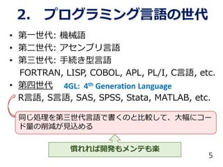 2. プログラミング言語の世代
• 第一世代: 機械語
• 第二世代: アセンブリ言語
• 第三世代: 手続き型言語
FORTRAN, LISP, COBOL, APL, PL/I, C言語, etc.
• 第四世代
R言語, S言語, SAS, SPSS, Stata, MATLAB, etc.
同じ処理を第三世代言語で書くのと比較して、大幅にコー
ド量の削減が見込める
慣れれば開発もメンテも楽
5
4GL: 4th Generation Language
 