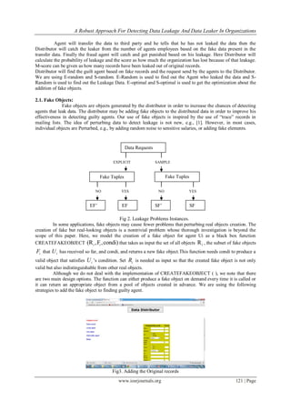 A Robust Approach For Detecting Data Leakage And Data Leaker In Organizations
www.iosrjournals.org 121 | Page
Agent will transfer the data to third party and he tells that he has not leaked the data then the
Distributor will catch the leaker from the number of agents employees based on the fake data present in the
transfer data. Finally the fraud agent will catch and get punished based on his leakage. Here Distributor will
calculate the probability of leakage and the score as how much the organization has lost because of that leakage.
M-score can be given as how many records have been leaked out of original records.
Distributor will find the guilt agent based on fake records and the request send by the agents to the Distributor.
We are using E-random and S-random. E-Random is used to find out the Agent who leaked the data and S-
Random is used to find out the Leakage Data. E-optimal and S-optimal is used to get the optimization about the
addition of fake objects.
2.1. Fake Objects:
Fake objects are objects generated by the distributor in order to increase the chances of detecting
agents that leak data. The distributor may be adding fake objects to the distributed data in order to improve his
effectiveness in detecting guilty agents. Our use of fake objects is inspired by the use of “trace” records in
mailing lists. The idea of perturbing data to detect leakage is not new, e.g., [1]. However, in most cases,
individual objects are Perturbed, e.g., by adding random noise to sensitive salaries, or adding fake elements.
Fig 2. Leakage Problems Instances.
In some applications, fake objects may cause fewer problems that perturbing real objects creation. The
creation of fake but real-looking objects is a nontrivial problem whose thorough investigation is beyond the
scope of this paper. Here, we model the creation of a fake object for agent Ui as a black box function
CREATEFAKEOBJECT (R ,F,condi)i i that takes as input the set of all objects Ri , the subset of fake objects
iF that iU has received so far, and condi, and returns a new fake object.This function needs condi to produce a
valid object that satisfies iU ’s condition. Set iR is needed as input so that the created fake object is not only
valid but also indistinguishable from other real objects.
Although we do not deal with the implementation of CREATEFAKEOBJECT ( ), we note that there
are two main design options. The function can either produce a fake object on demand every time it is called or
it can return an appropriate object from a pool of objects created in advance. We are using the following
strategies to add the fake object to finding guilty agent.
Fig3. Adding the Original records
Data Requests
Fake Tuples Fake Tuples
EF’ EF SF’ SF
NO NO YESYES
EXPLICIT SAMPLE
 