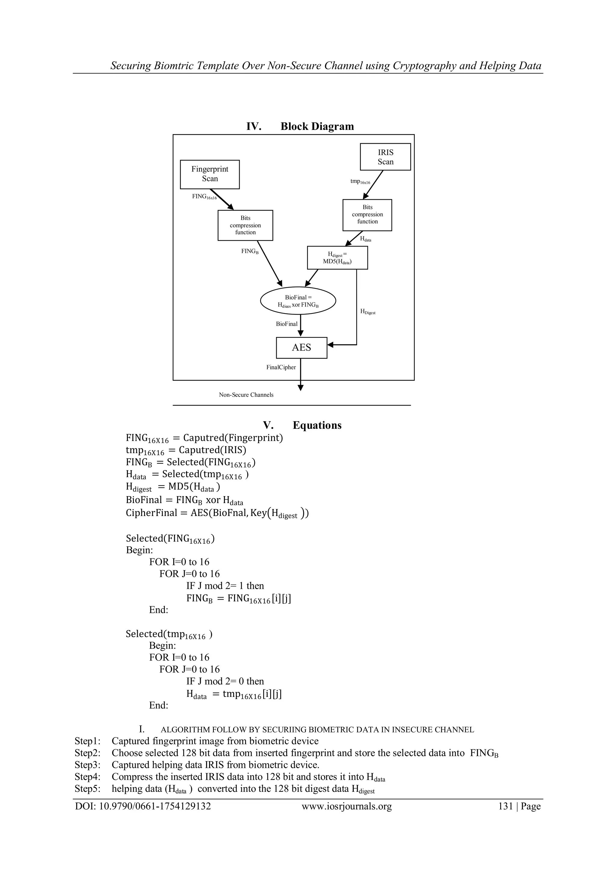 Securing Biomtric Template Over Non-Secure Channel using Cryptography and Helping Data
DOI: 10.9790/0661-1754129132 www.iosrjournals.org 131 | Page
IV. Block Diagram
V. Equations
FING16X16 = Caputred(Fingerprint)
tmp16X16 = Caputred(IRIS)
FINGB = Selected(FING16X16)
Hdata = Selected(tmp16X16 )
Hdigest = MD5(Hdata )
BioFinal = FINGB xor Hdata
CipherFinal = AES(BioFnal, Key Hdigest )
Selected FING16X16
Begin:
FOR I=0 to 16
FOR J=0 to 16
IF J mod 2= 1 then
FINGB = FING16X16 i [j]
End:
Selected(tmp16X16 )
Begin:
FOR I=0 to 16
FOR J=0 to 16
IF J mod 2= 0 then
Hdata = tmp16X16 i [j]
End:
I. ALGORITHM FOLLOW BY SECURIING BIOMETRIC DATA IN INSECURE CHANNEL
Step1: Captured fingerprint image from biometric device
Step2: Choose selected 128 bit data from inserted fingerprint and store the selected data into FINGB
Step3: Captured helping data IRIS from biometric device.
Step4: Compress the inserted IRIS data into 128 bit and stores it into Hdata
Step5: helping data (Hdata ) converted into the 128 bit digest data Hdigest
FING16x16
tmp16x16
Hdata
FINGB
HDigest
BioFinal
FinalCipher
Non-Secure Channels
Fingerprint
Scan
Bits
compression
function
IRIS
Scan
Bits
compression
function
Hdigest =
MD5(Hdata)
BioFinal =
Hdiges xor FINGB
AES
 