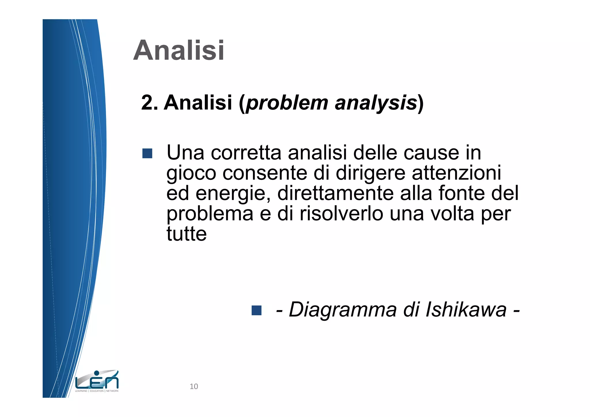 Analisi
2. Analisi (problem analysis)

n    Una corretta analisi delle cause in
      gioco consente di dirigere attenzioni
      ed energie, direttamente alla fonte del
      problema e di risolverlo una volta per
      tutte


                 n    - Diagramma di Ishikawa -


        10	
  
 