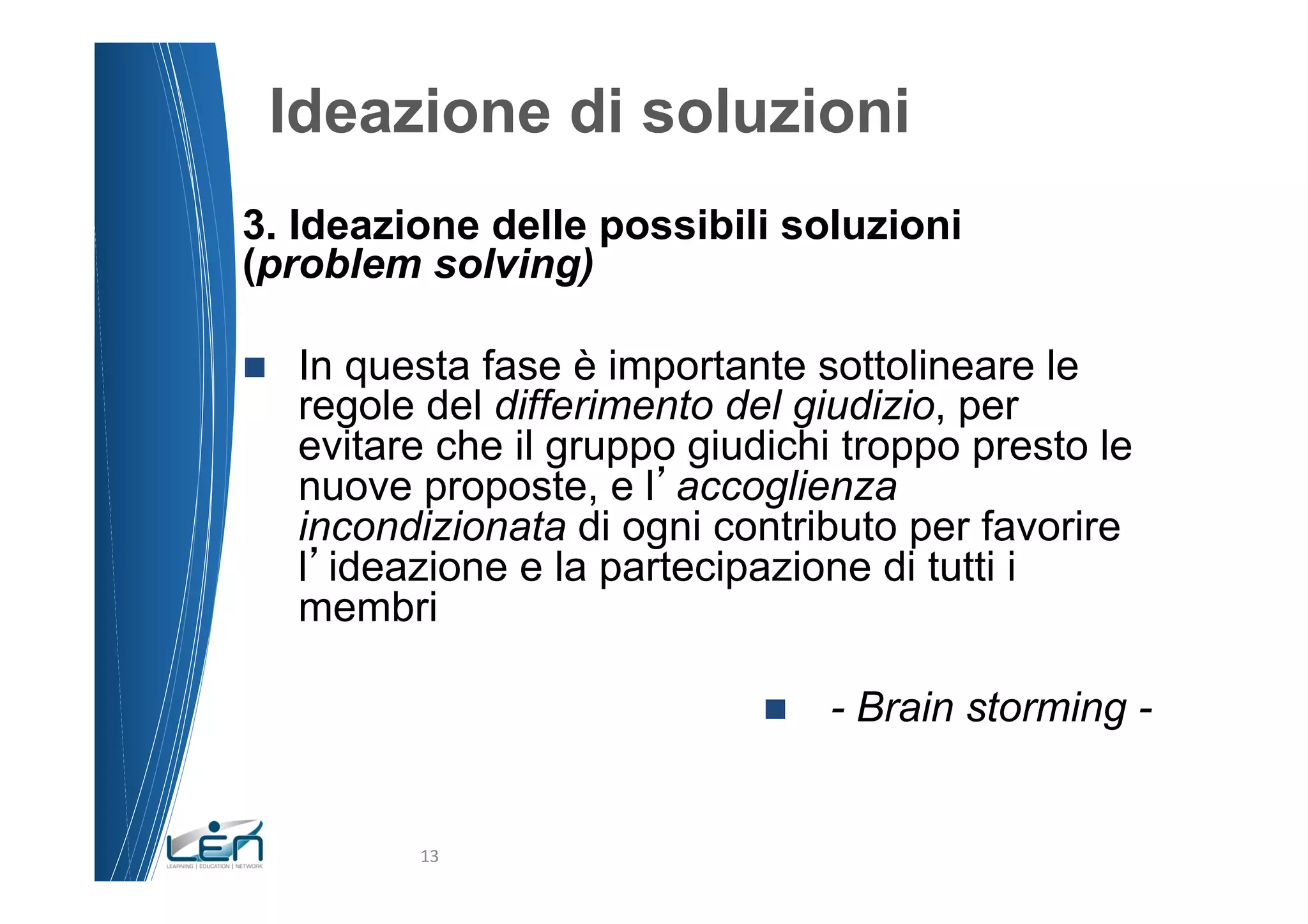 Ideazione di soluzioni
3. Ideazione delle possibili soluzioni
(problem solving)

n    In questa fase è importante sottolineare le
      regole del differimento del giudizio, per
      evitare che il gruppo giudichi troppo presto le
      nuove proposte, e l accoglienza
      incondizionata di ogni contributo per favorire
      l ideazione e la partecipazione di tutti i
      membri

                                n    - Brain storming -


            13	
  
 