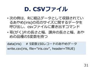 D. CSVե
31
? ΤϡR˽Mzǩ`ȤƅhƤ
뤢(iris)λΥvǩ`
ӳcsvե˕ޥ
? ʂ()ƬLȷnͤLȷ
ƷN5֤
data(iris) # 5150쥳`ɤΤǩ`
write.csv(iris, file="iris.csv", header=TRUE)
 